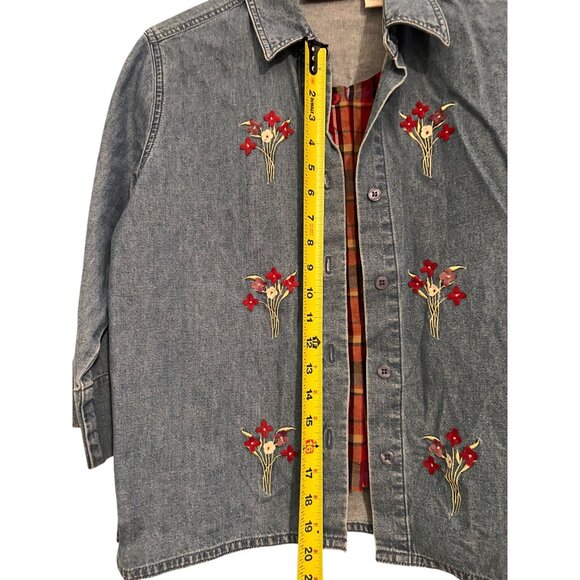 Lemon Grass Denim Shirt Jacket Floral Embroidery Red Plaid Front Panel Petite M - Picture 11 of 14